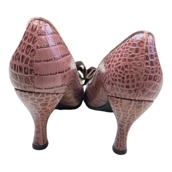 Franco Sarto Heels Vintage 90's Brown Croc Print Leather Pump 7.5 Velvet Bow - Picture 4 of 10